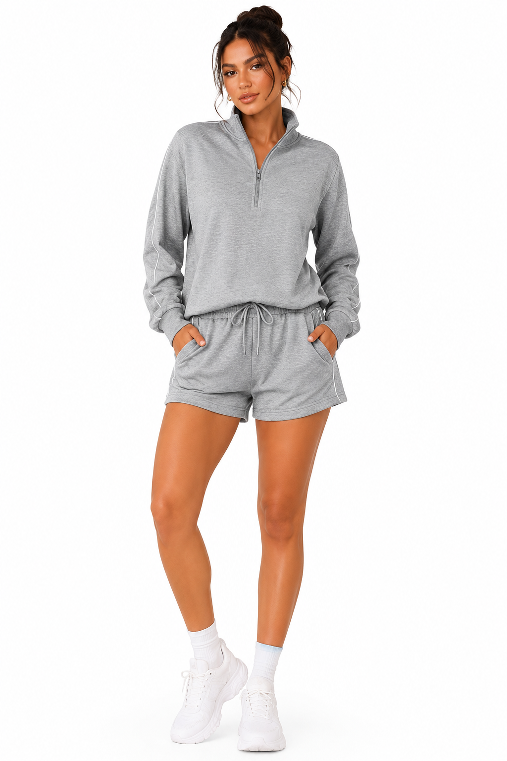 Quarter zipper sweat shirt with shorts loungewear set