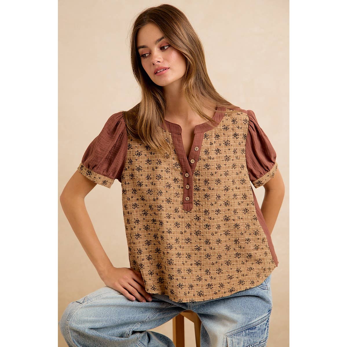 VINTAGE TEXTURE FLORAL PRINTED CONT GAUZE BLOUSE TOP
