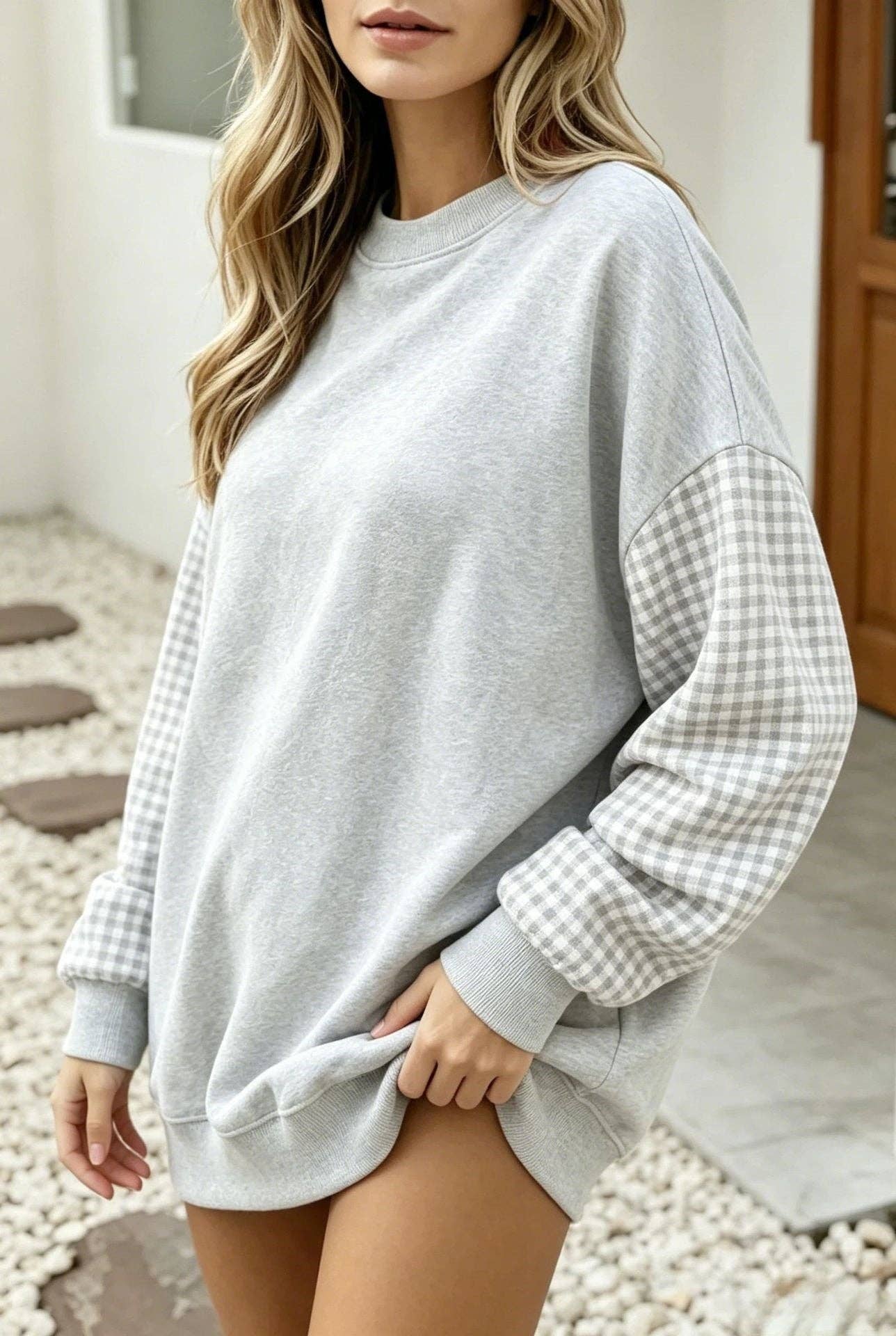 Gingham Sleeve Sweatshirt Oversized Crewneck Pullover