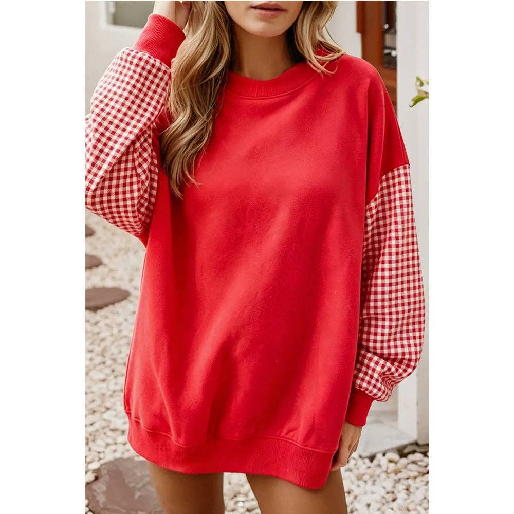 Gingham Sleeve Sweatshirt Oversized Crewneck Pullover