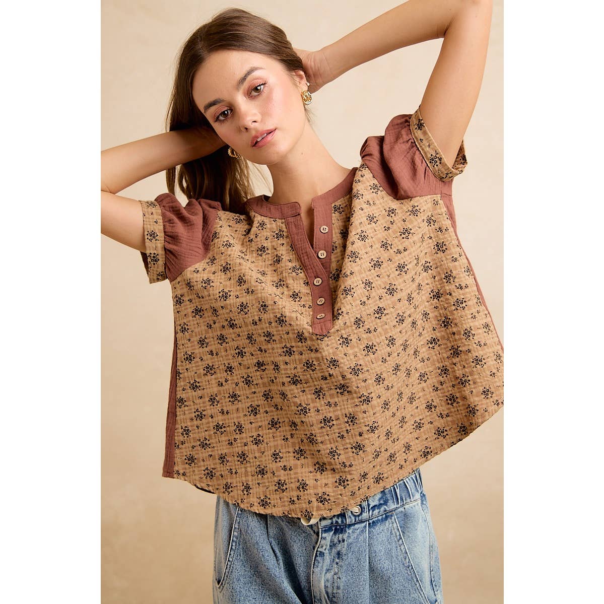 VINTAGE TEXTURE FLORAL PRINTED CONT GAUZE BLOUSE TOP
