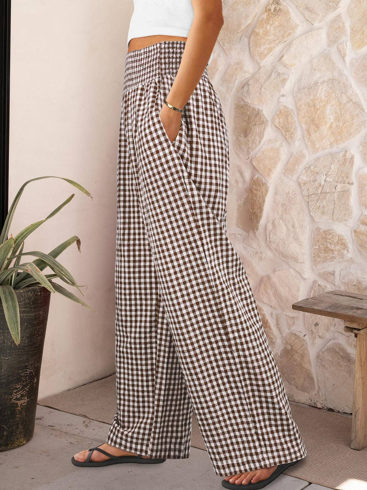 Gingham High Waist Wide Leg Pants with Pockets