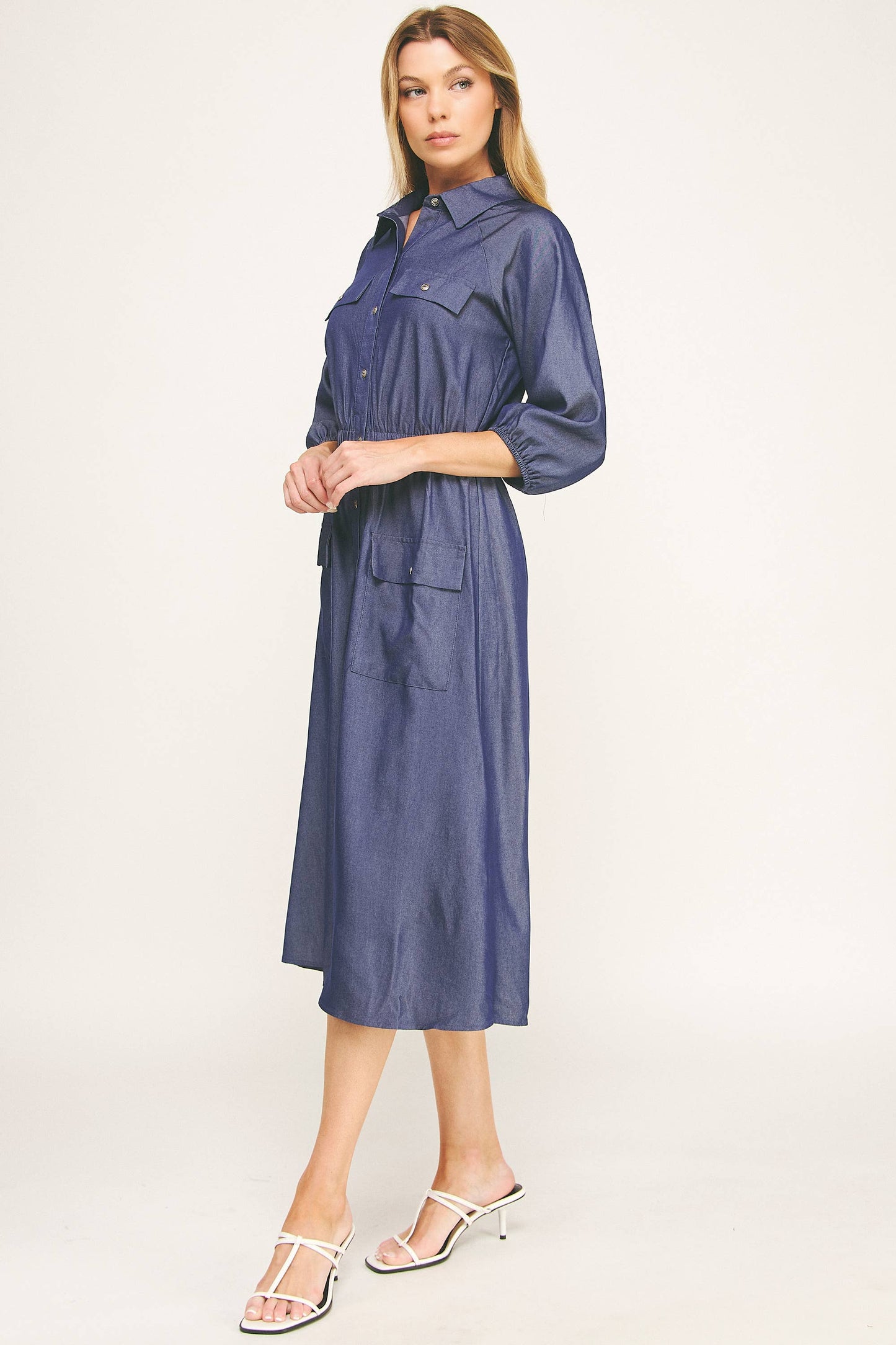 CHLOE CHAMBRAY BUTTON-DOWN MIDI DRESS