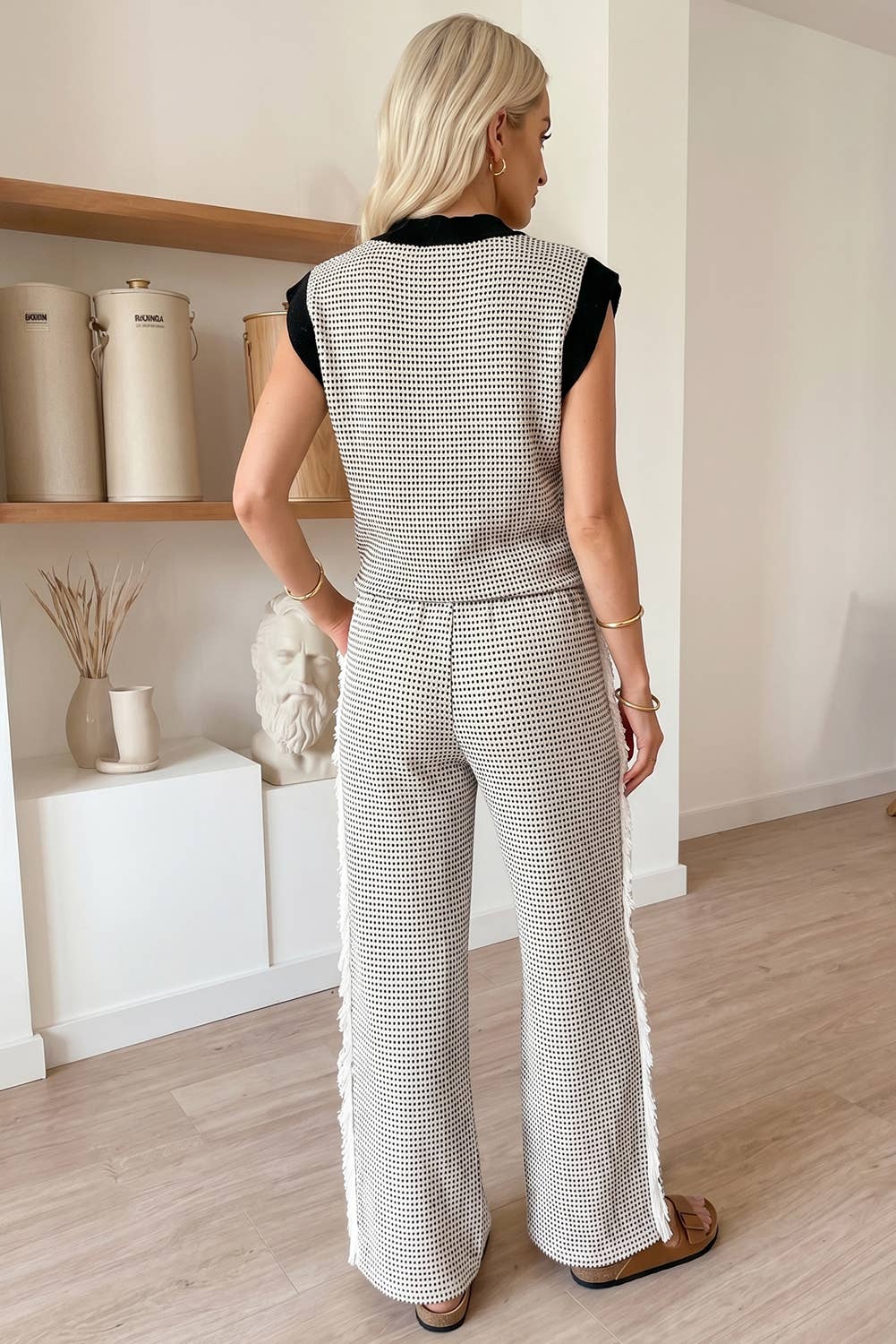 Stylish Knit V Neck Tank and Wide Leg Pants Set (S-XL)