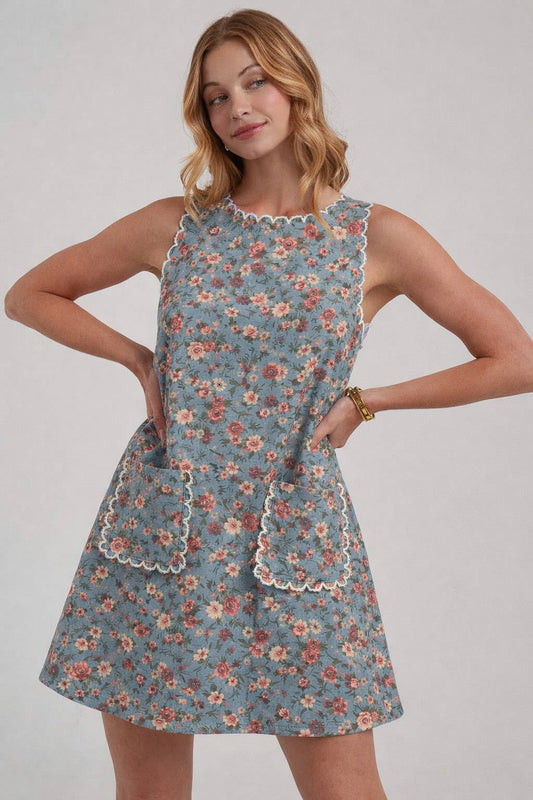 FLORAL DENIM MINI DRESS WITH SCALLOPED EMBROIDERY DETAIL