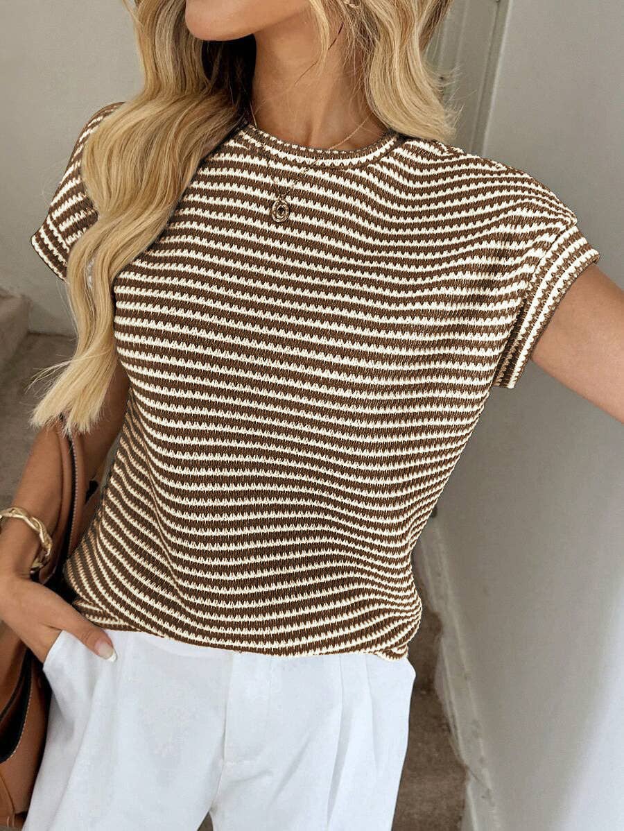 Apricot Stripe Knit Crew Neck Short Sleeve Top