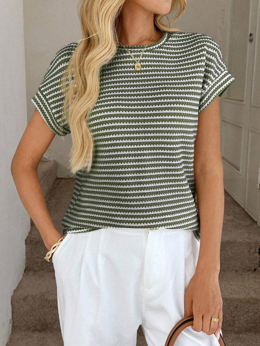 Apricot Stripe Knit Crew Neck Short Sleeve Top