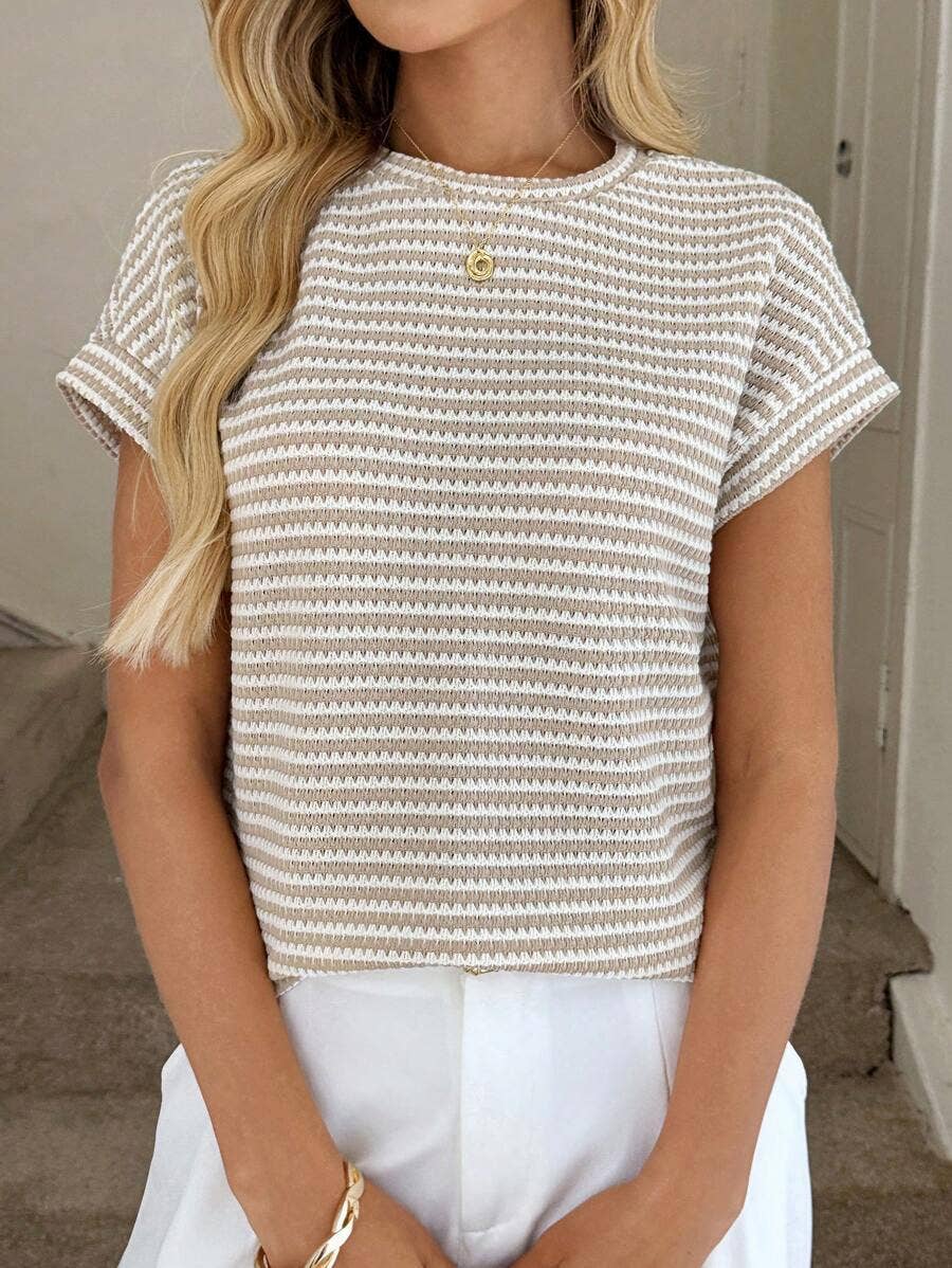 Apricot Stripe Knit Crew Neck Short Sleeve Top