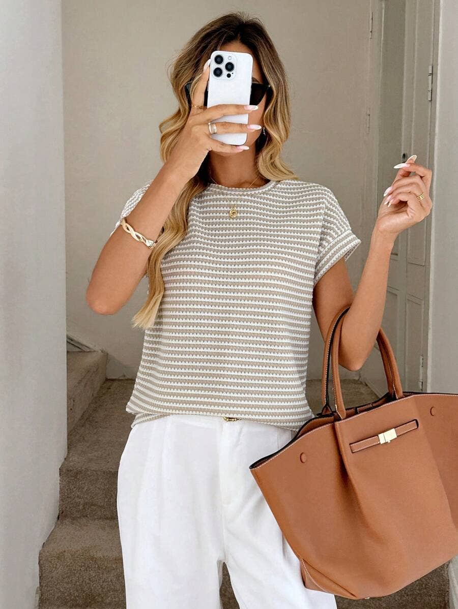 Apricot Stripe Knit Crew Neck Short Sleeve Top