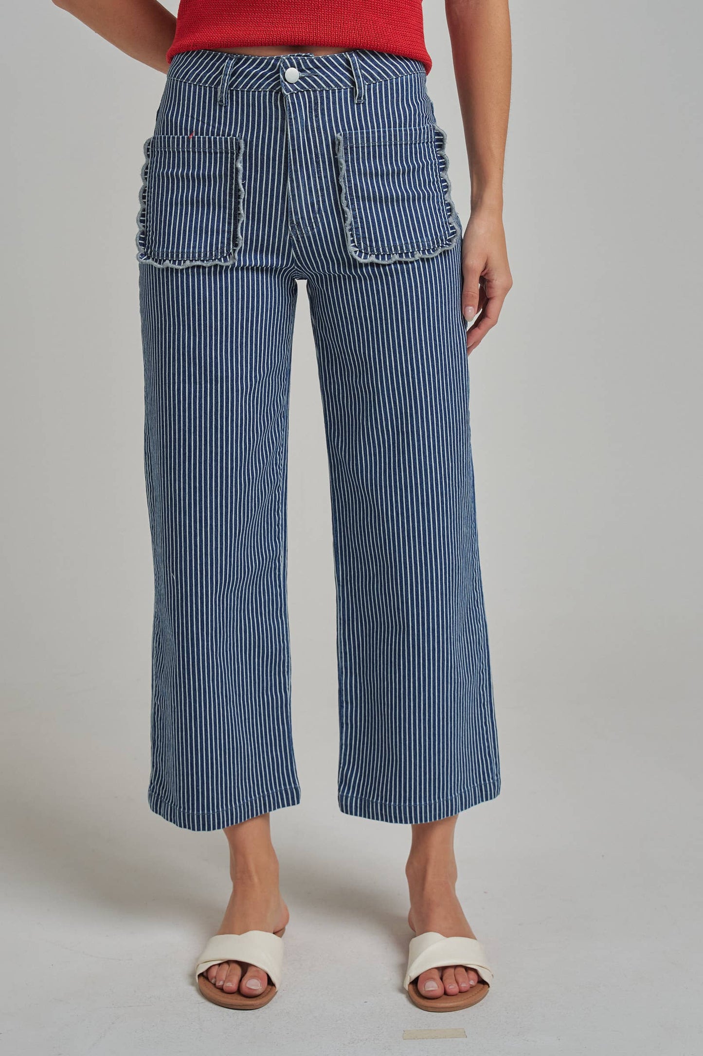 MID RISE WIDE LEG STRIPE DENIM JEANS WITH SCALLOPED POCKETS