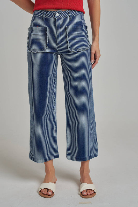MID RISE WIDE LEG STRIPE DENIM JEANS WITH SCALLOPED POCKETS