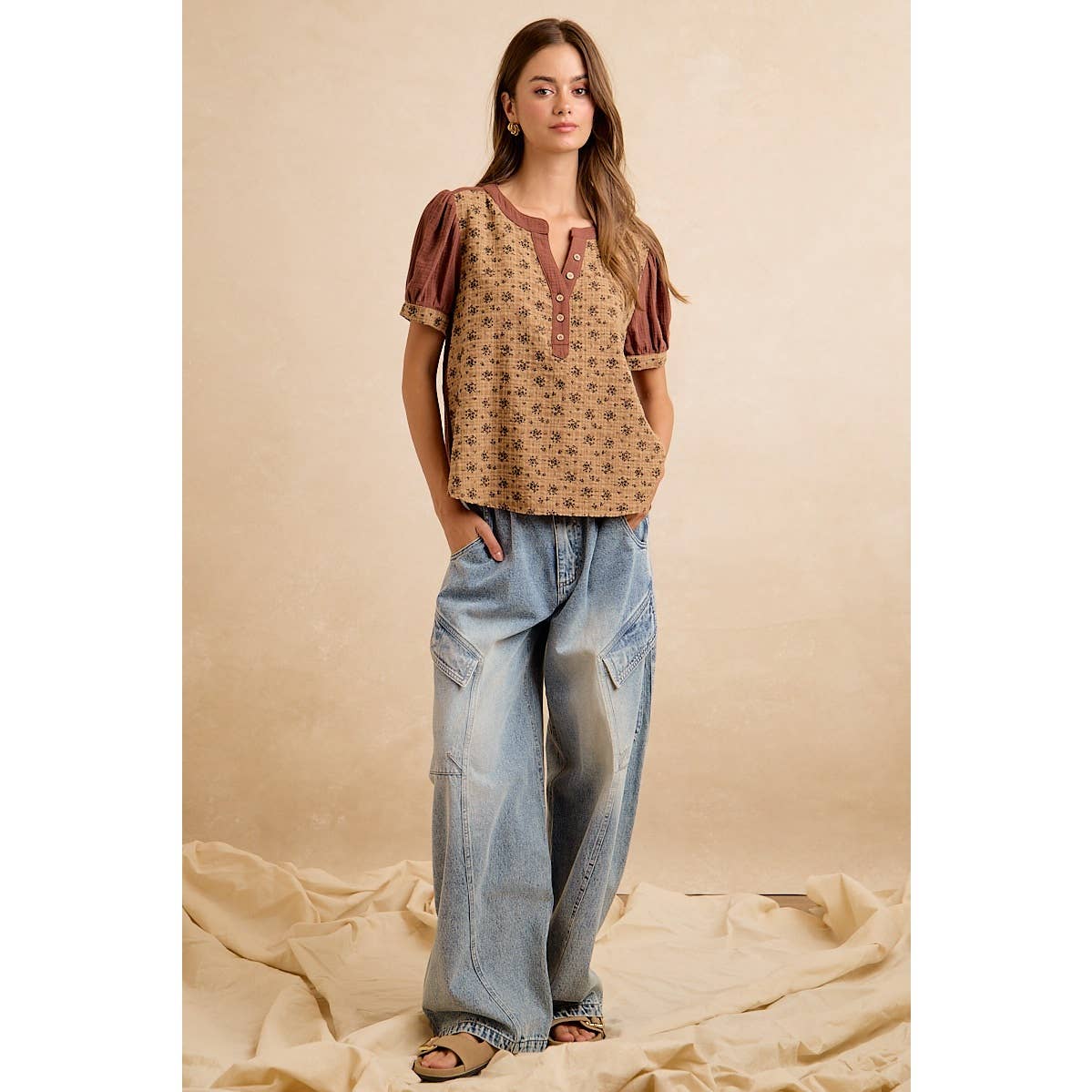 VINTAGE TEXTURE FLORAL PRINTED CONT GAUZE BLOUSE TOP