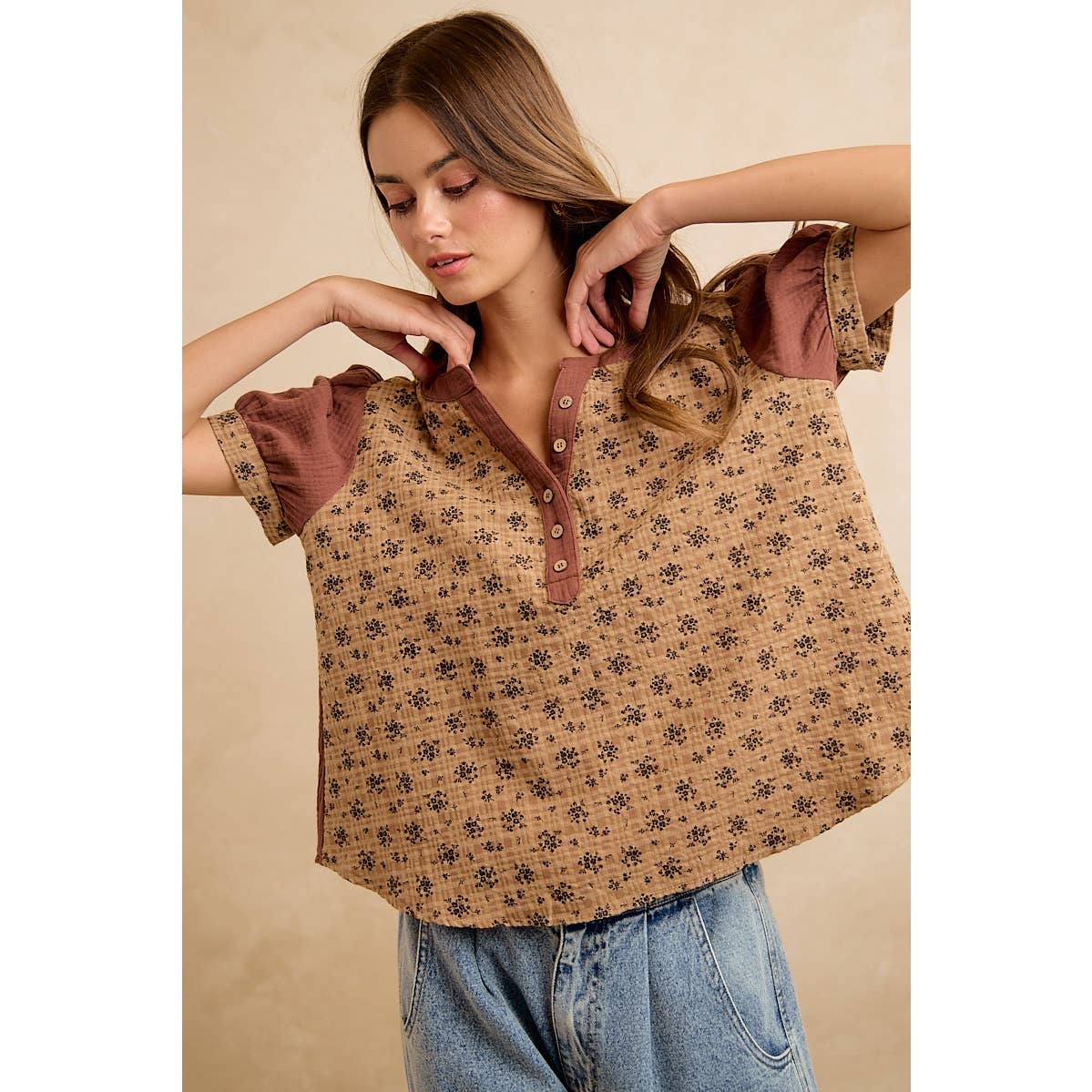 VINTAGE TEXTURE FLORAL PRINTED CONT GAUZE BLOUSE TOP
