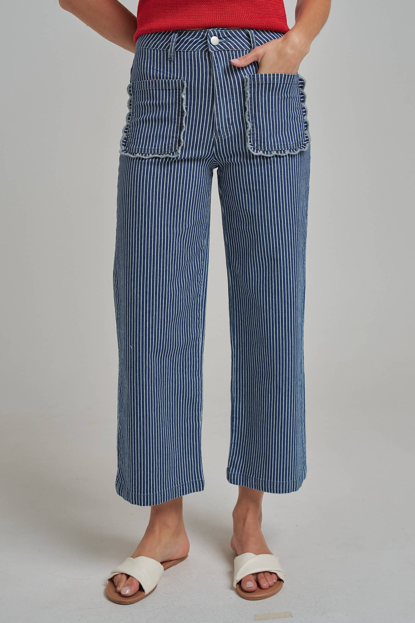 MID RISE WIDE LEG STRIPE DENIM JEANS WITH SCALLOPED POCKETS