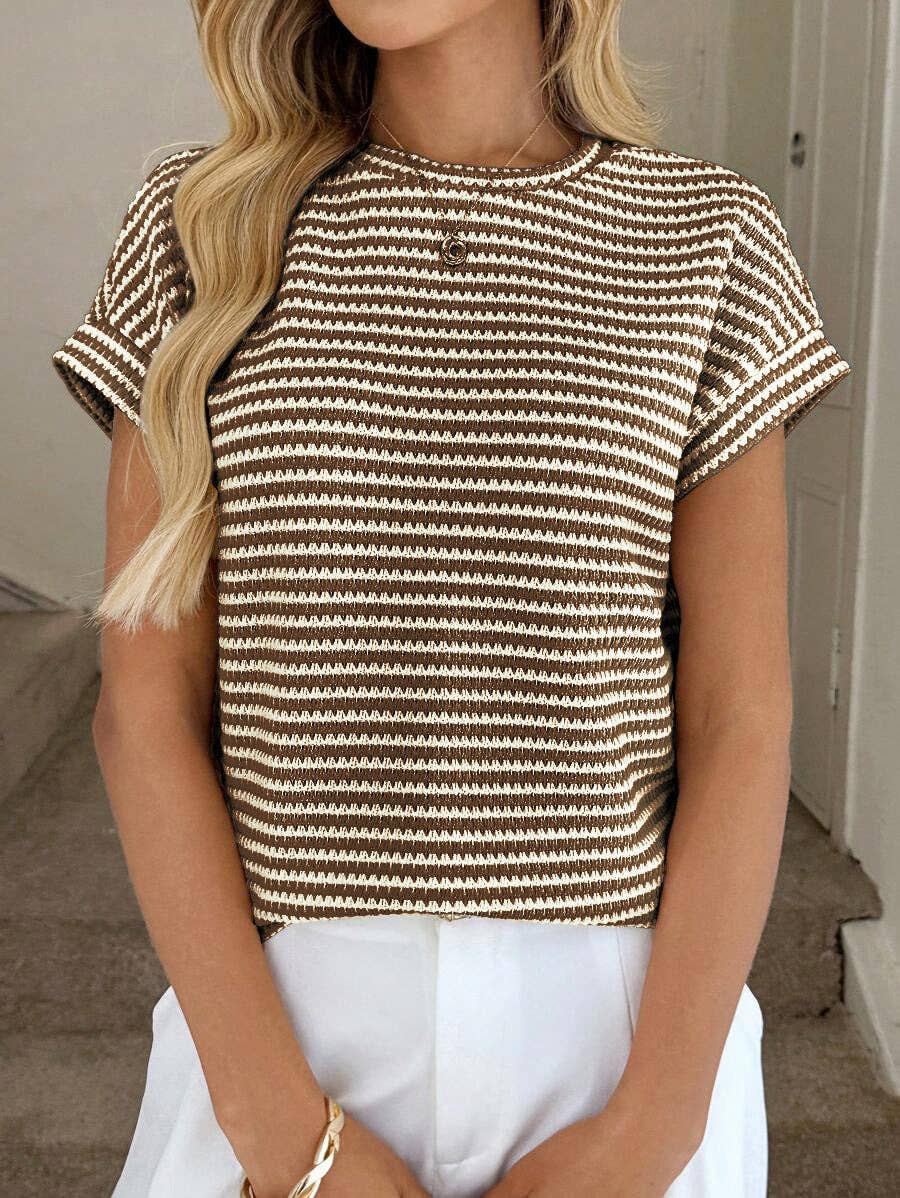 Apricot Stripe Knit Crew Neck Short Sleeve Top