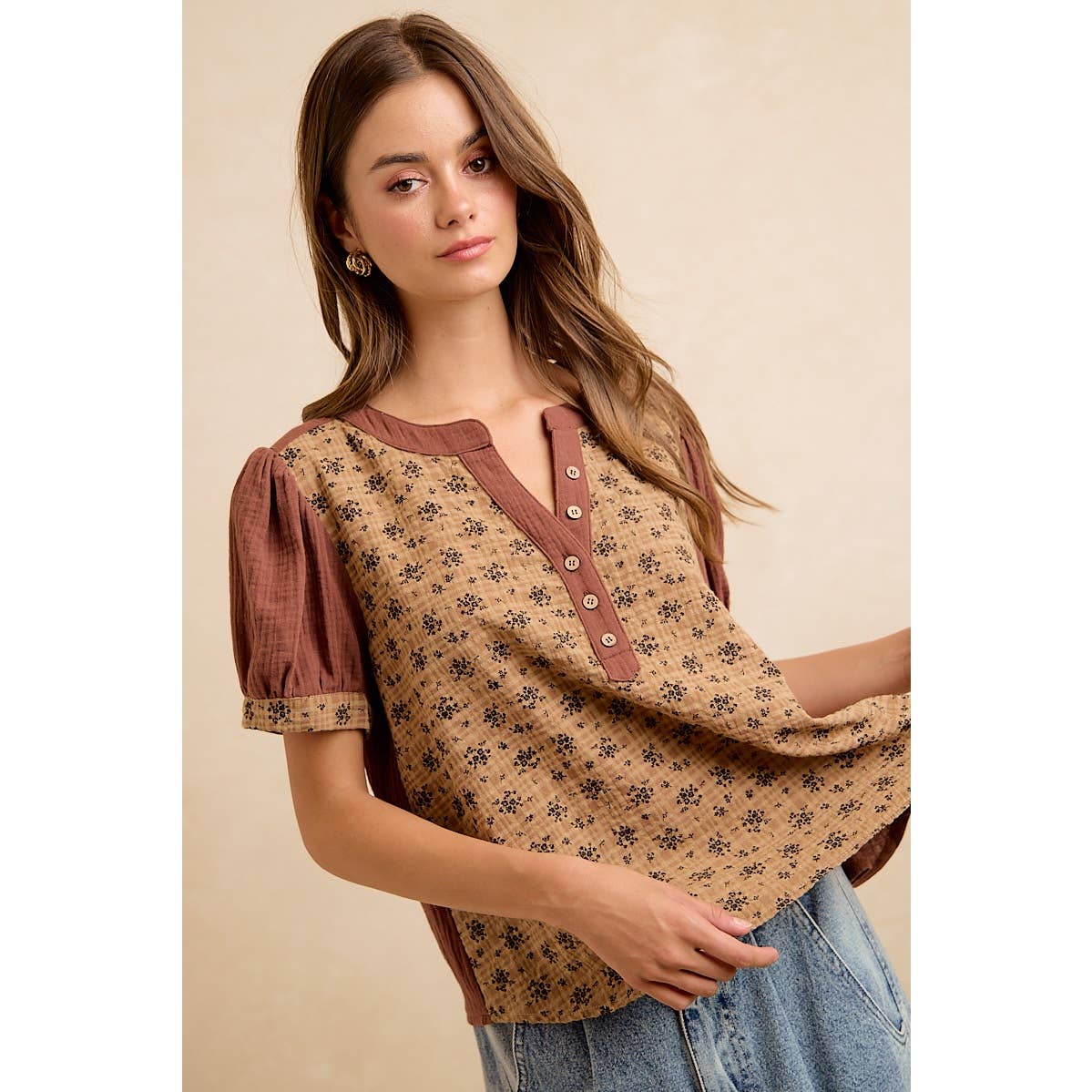 VINTAGE TEXTURE FLORAL PRINTED CONT GAUZE BLOUSE TOP