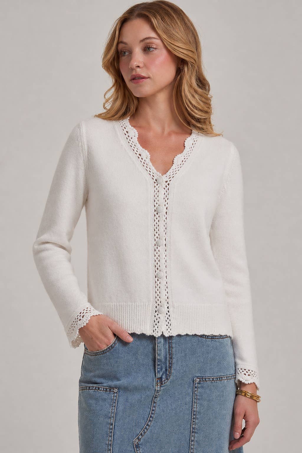 LACE TRIMMED BUTTON FRONT CARDIGAN