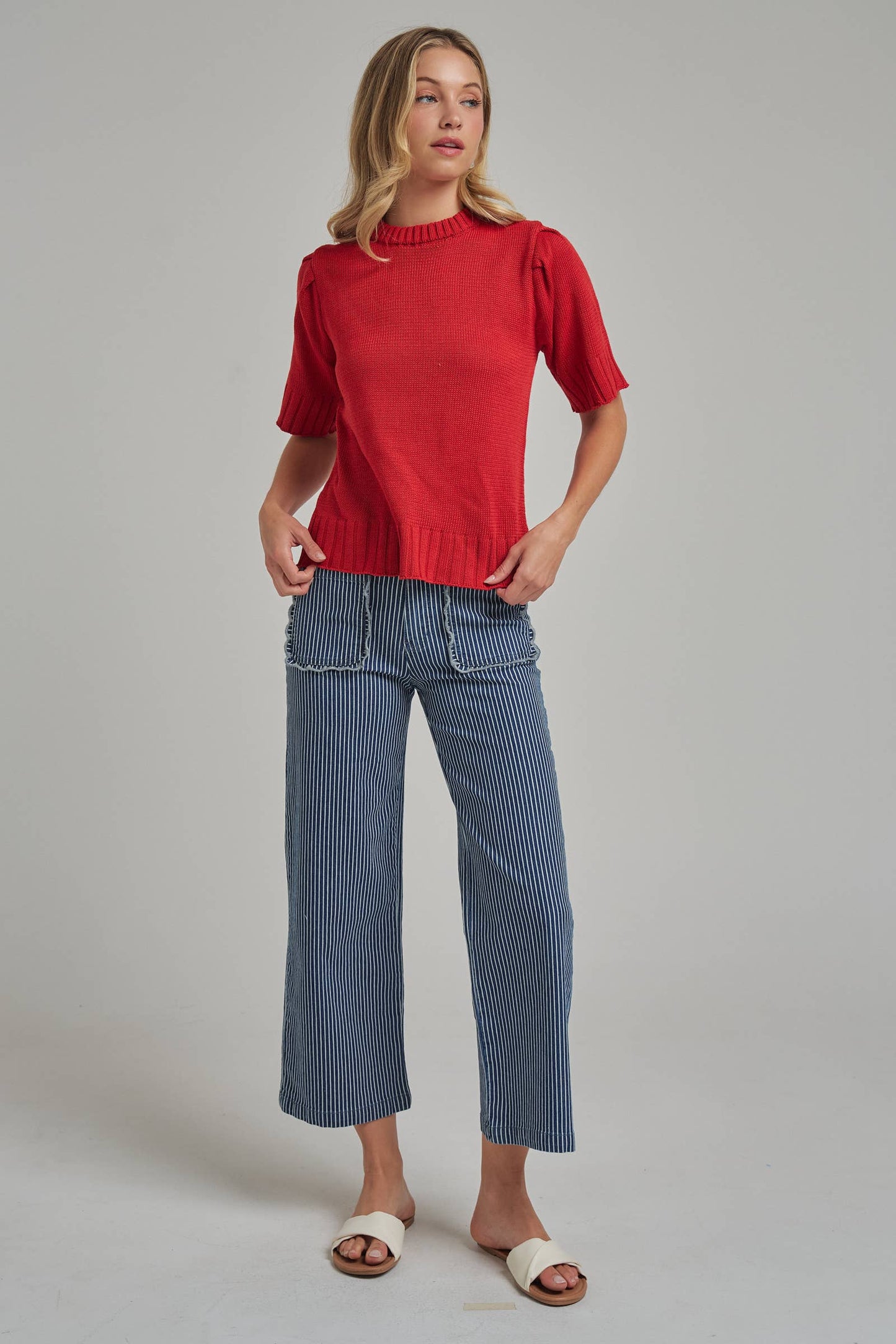 MID RISE WIDE LEG STRIPE DENIM JEANS WITH SCALLOPED POCKETS