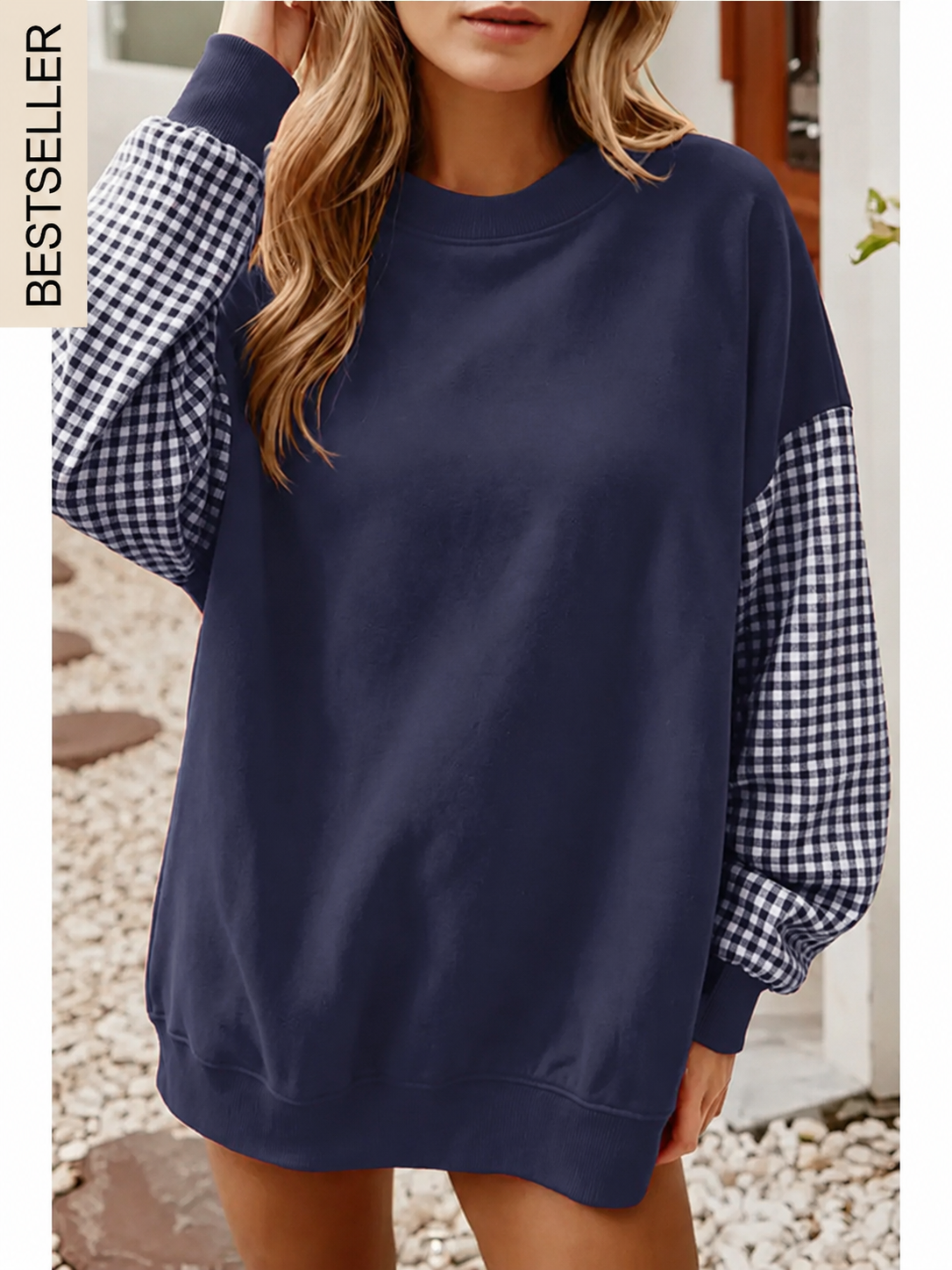 Gingham Sleeve Sweatshirt Oversized Crewneck Pullover