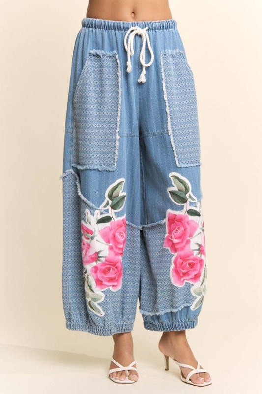 PRINTED FLOWER PATCHWORK PANTS